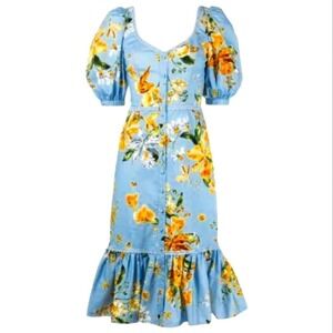 Marchesa Notte Sweetheart Neckline Floral Print Fitted Midi Dress - Dusty Blue
